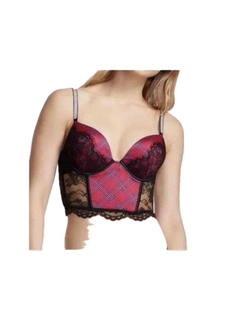 Victoria secret Bombshell Add 2 Cups Push up 34A Longline Lace Plaid NWT